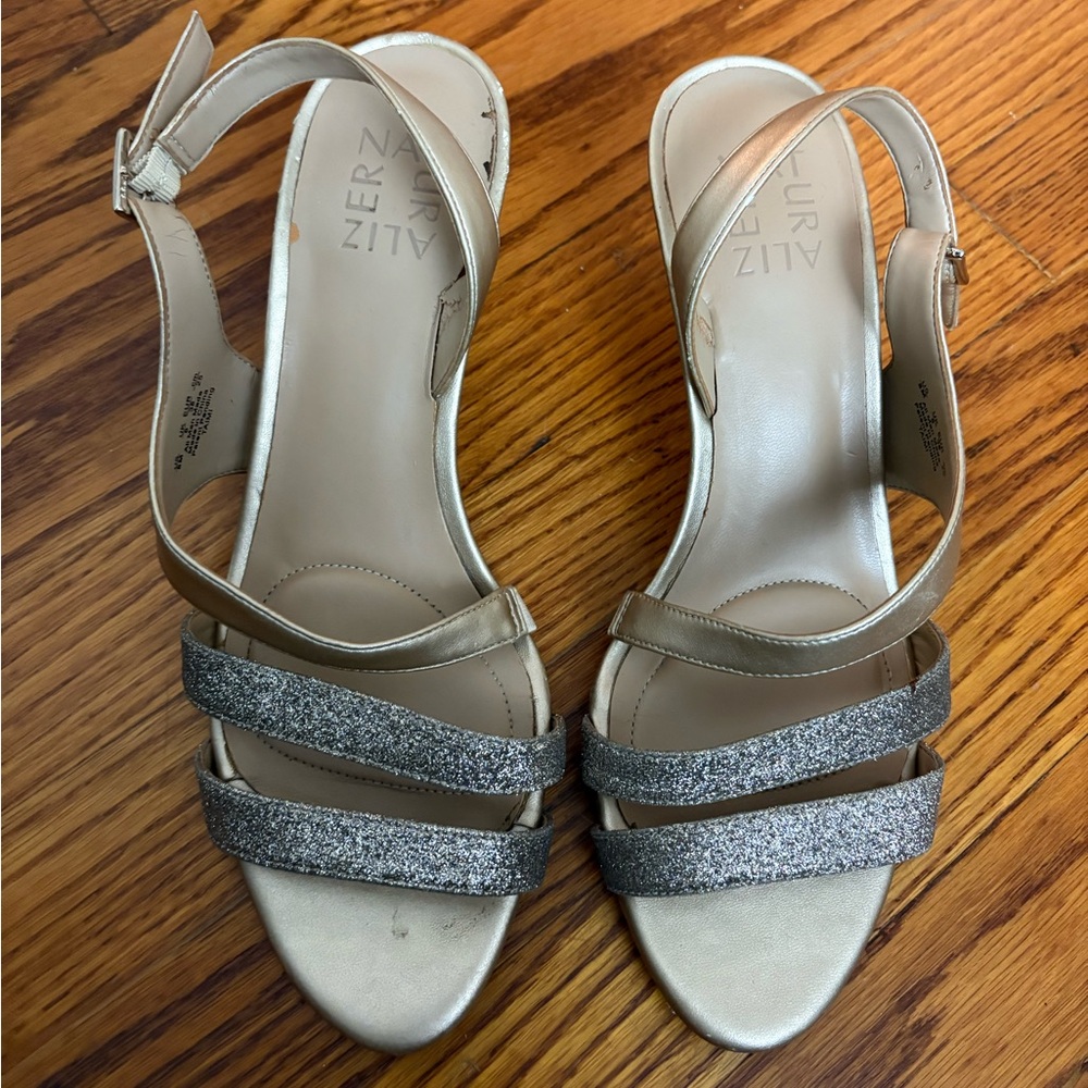 Naturalizer Women's Silver and Tan/Gold Sparkly Strappy Heels